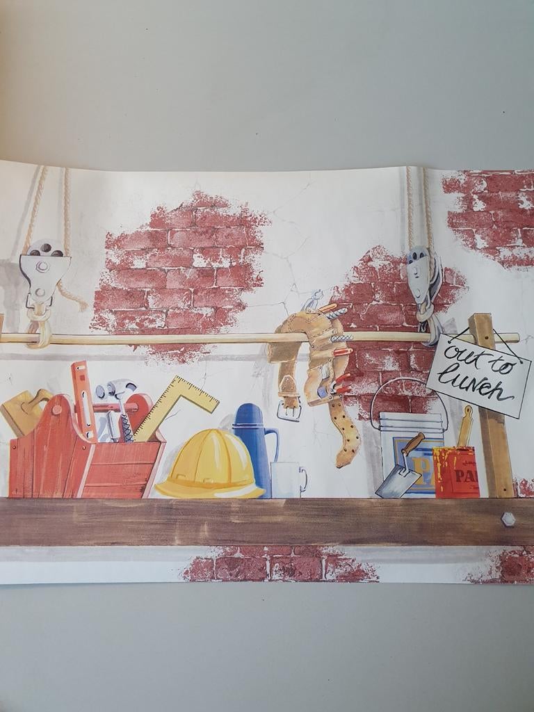 Retro behangrand met bouwplaats thema - 32 cm breed, Huis en Inrichting, Stoffering | Behang, Ophalen of Verzenden, Minder dan 10 m²