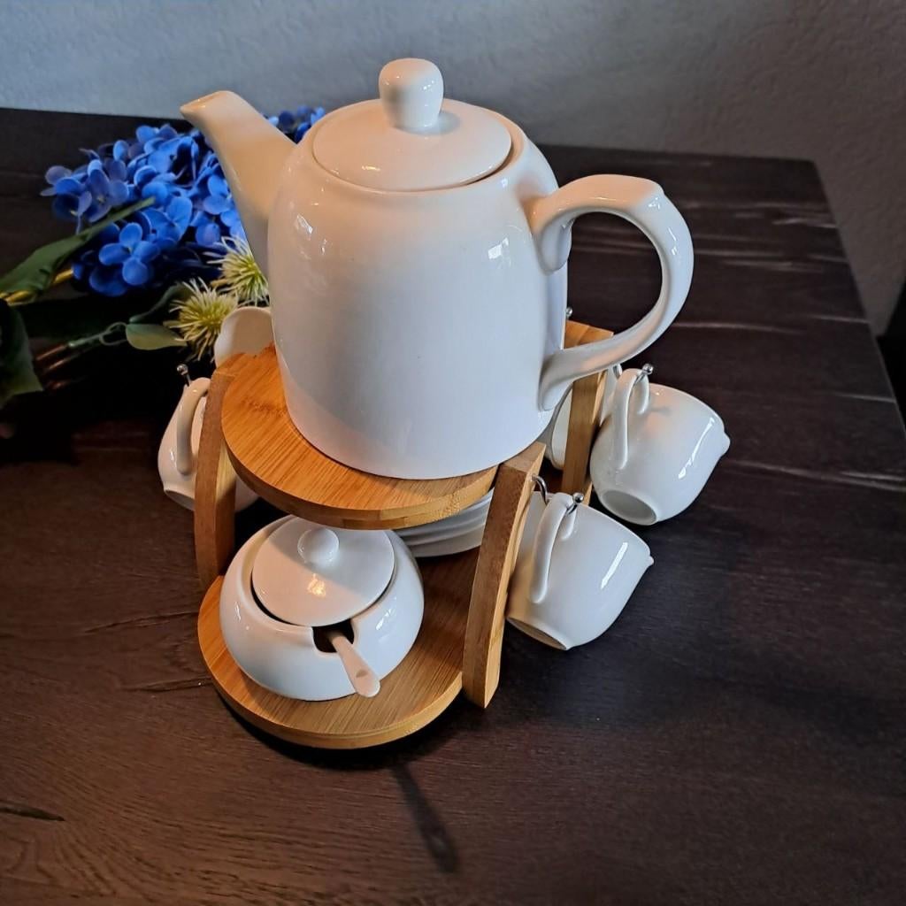 Porseleinen theeset met bamboe rek – 6 delig met suikerpotje, Ophalen, Overige typen, Nieuw, Overige stijlen