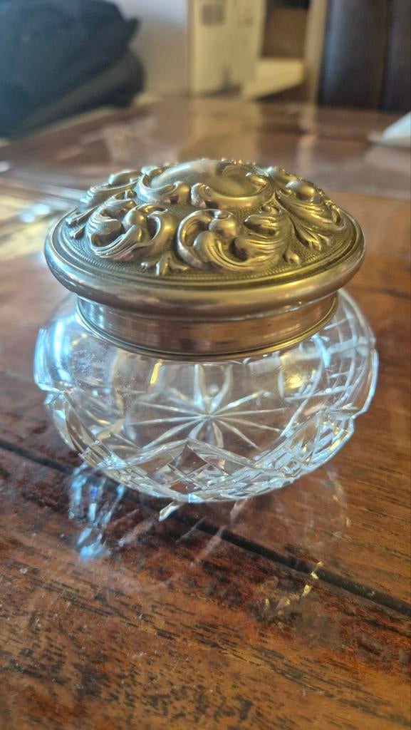 Glazen potje met metalen deksel, Antiek en Kunst, Antiek | Glas en Kristal, Ophalen of Verzenden