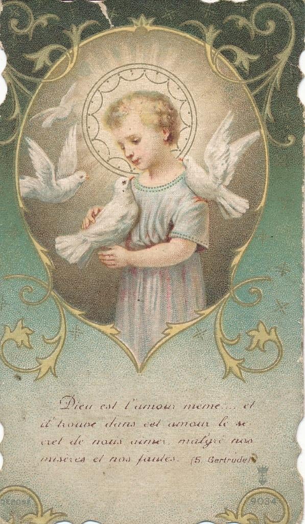 Oud devotie prentje Kind Jezus met duiven, Ophalen of Verzenden, Zo goed als nieuw, Kaart of Prent, Christendom | Katholiek