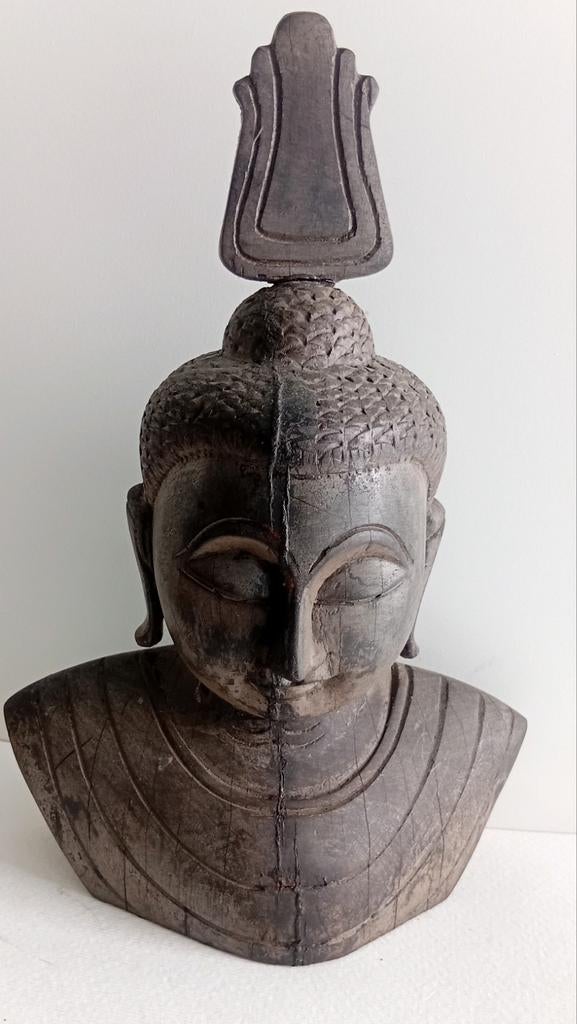 Antiek Boeddha Beeld Ebony Vintage Buste Buddha Handgemaakt, Ophalen of Verzenden