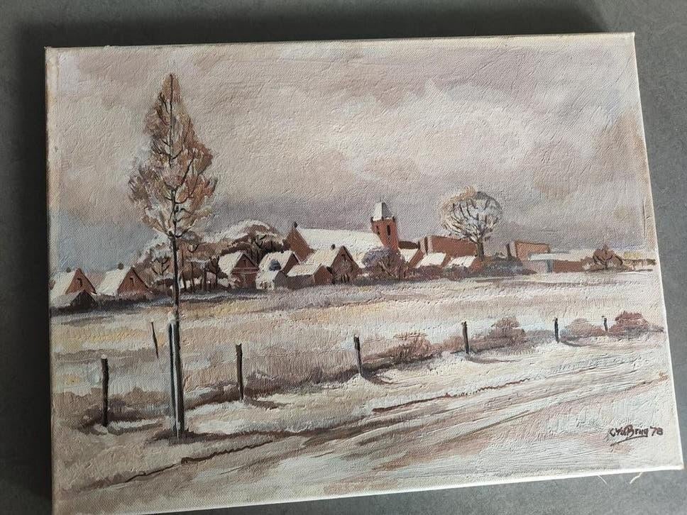 Winter tafereel Schilderij gesigneerd K v d Brug 78 40/30 cm, Ophalen of Verzenden