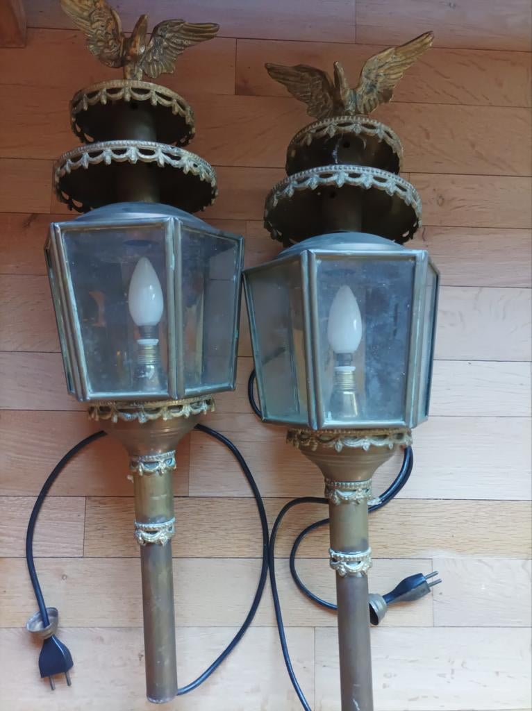Set van 2 antieke koperen lantaarns met adelaar decoratie, Ophalen