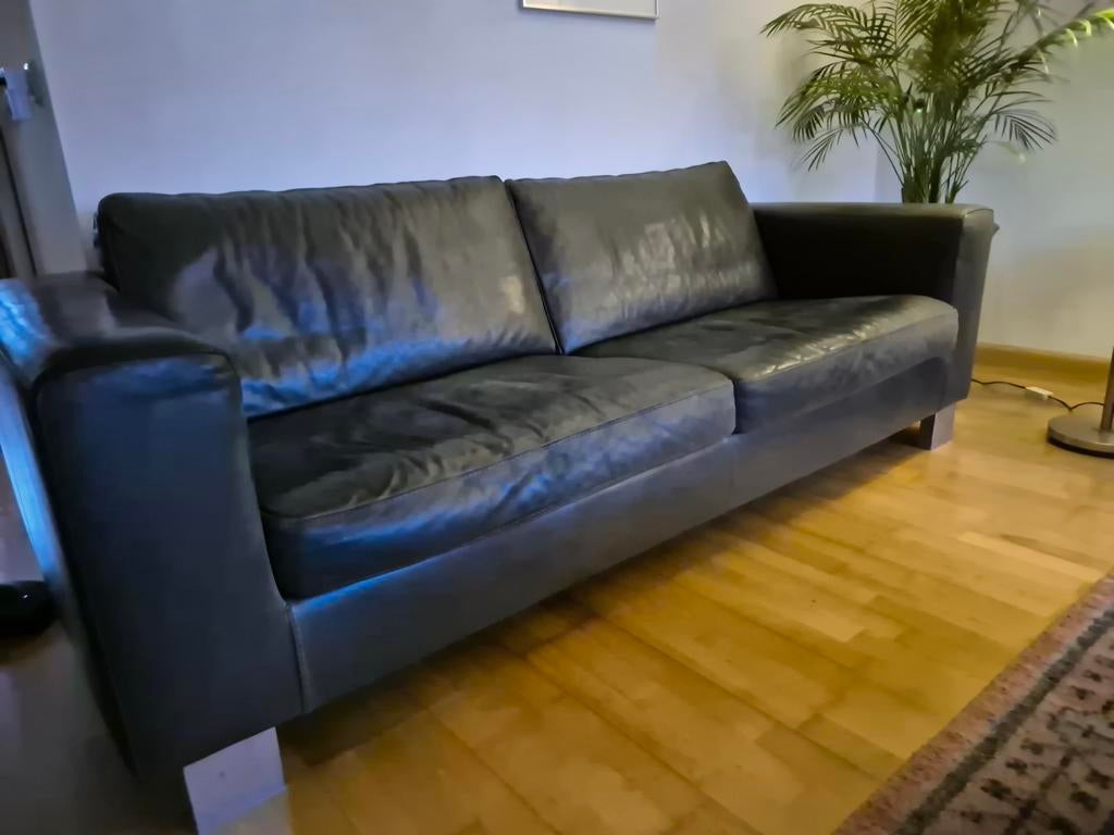 Topform bank (zwart leer), Ophalen, Gebruikt, 200 tot 250 cm, Leer