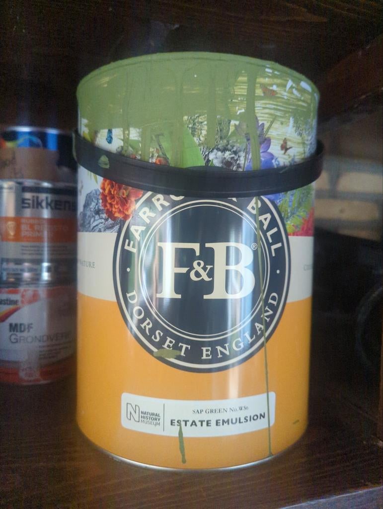 Farrow and ball muurverf sap green, Doe-het-zelf en Verbouw, Ophalen, Gebruikt, Verf, Minder dan 5 liter