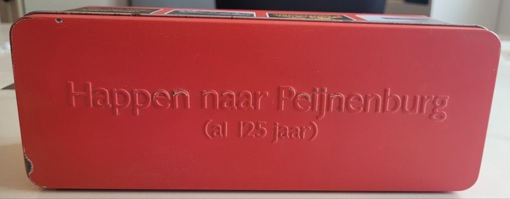 Jubileum blik Peijnenburg koek - "Happen naar Peijnenburg", Verzamelen, Blikken, Ophalen, Gebruikt, Overige, Overige merken