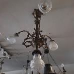 Art Deco Bronzen Kroonluchter met Bloemmotief glazen kappen, Ophalen of Verzenden, Gebruikt, Glas, Art Deco
