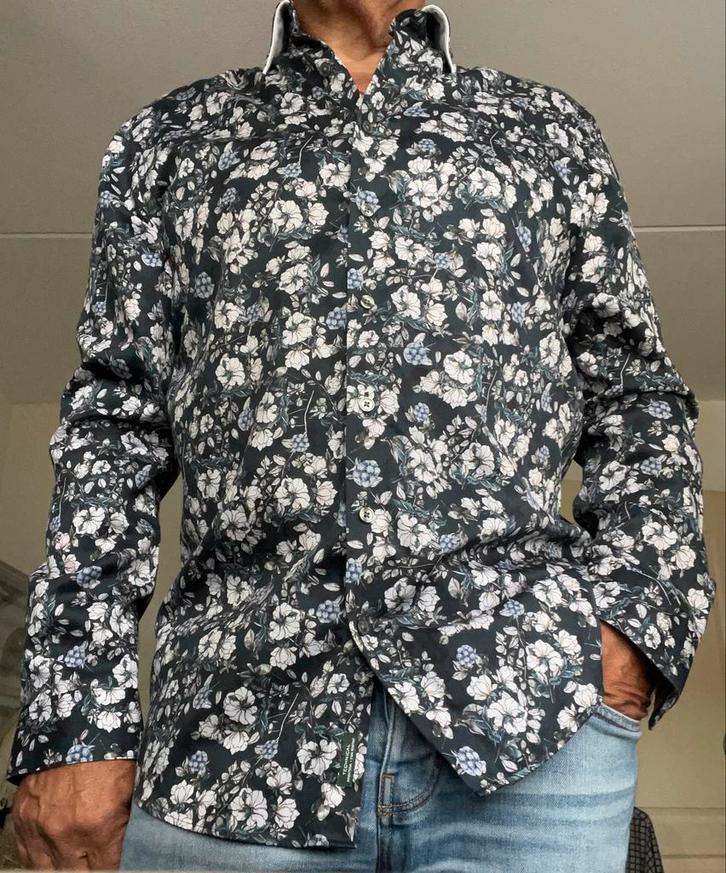 Lindbergh Overhemd XL Donkerblauw-wit Gebloemd Dubbele Boord, Kleding | Heren, Overhemden, Zo goed als nieuw, Blauw, Ophalen of Verzenden