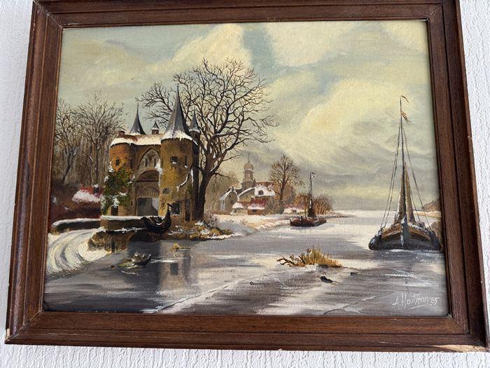 A. Houtman. Stadspoort aan Bevroren Rivier uit 1985., Antiek en Kunst, Kunst | Schilderijen | Klassiek, Ophalen of Verzenden