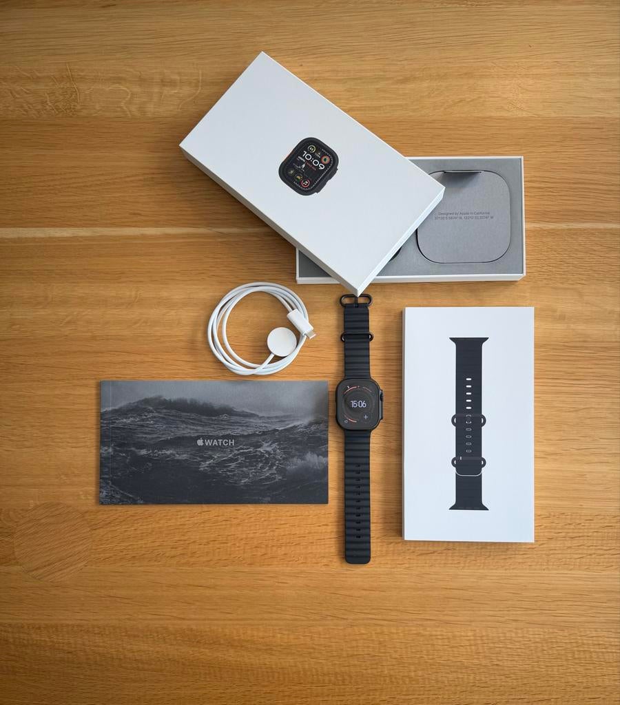 Apple Watch Ultra 2, 49mm, Zwart Titanium 100% batterij, Afstand, Zwart, IOS, Ophalen of Verzenden