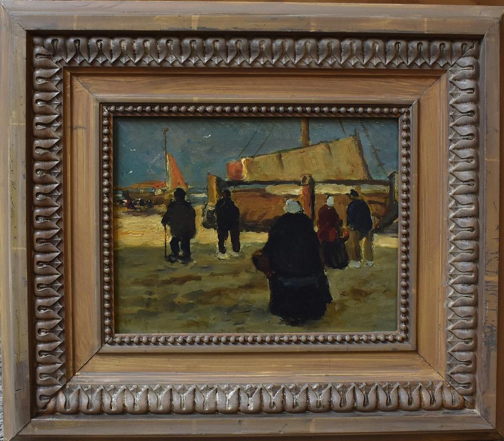 Schilderij vissersvolk op het strand., Verzenden