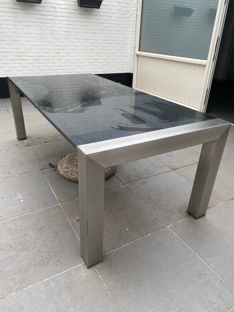 Robuuste tuintafel met granieten blad en RVS onderstel, Tuin en Terras, Ophalen, Gebruikt, Rechthoekig, Rvs
