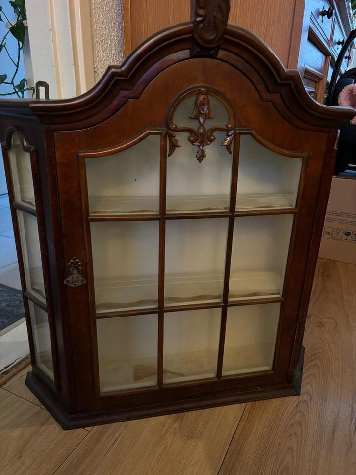 Antieke Houten Vitrinekast, Huis en Inrichting, Kasten | Dressoirs, Gebruikt, Minder dan 50 cm, Minder dan 25 cm, Met plank(en)