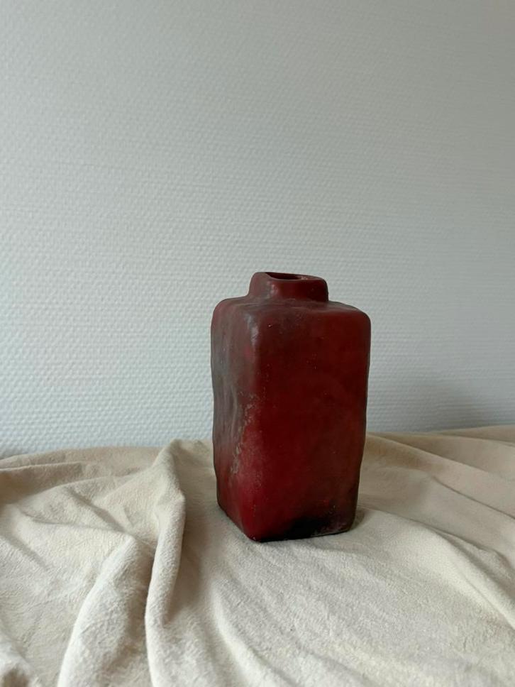 Vintage terra brons bruin ceramic vierkant vaasje h16cm, Huis en Inrichting, Woonaccessoires | Vazen, Zo goed als nieuw, Overige kleuren