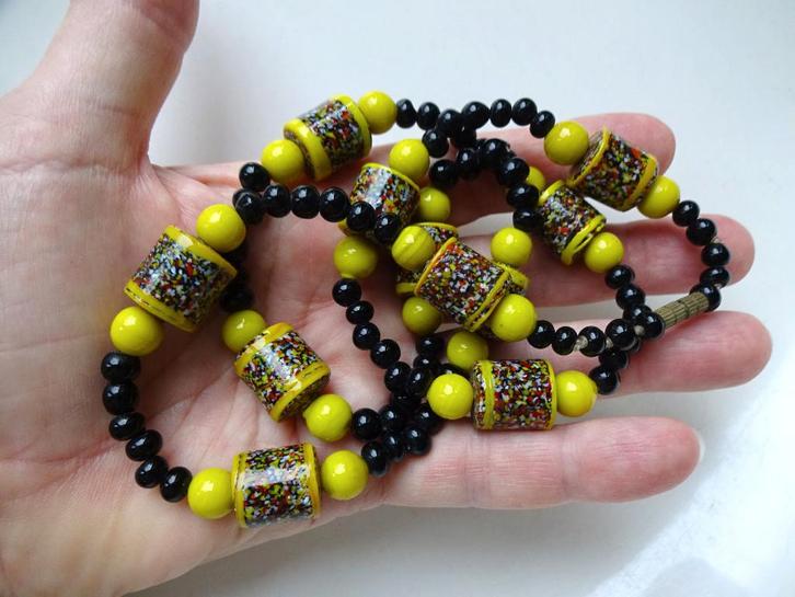 Jaren '60 Murano glazen kralen ketting: geel / zwart, Sieraden, Tassen en Uiterlijk, Antieke sieraden, Ketting, Overige materialen