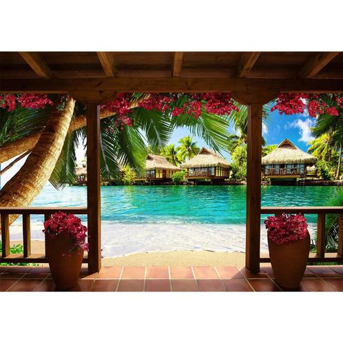 123 Paradijs Huisje Zee Vlies Fotobehang 350x250cm in 3maten, Huis en Inrichting, Stoffering | Behang, Blauw, Rood, Wit, Zwart