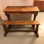 Oud schoolbankje kind, kersen/eikenhout porcelijn inktbakjes, Antiek en Kunst, Antiek | Meubels | Stoelen en Banken, Ophalen