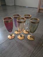 Vintage Champagneglazen 5 stuks voet goud flute glas antiek, Antiek en Kunst, Antiek | Glas en Kristal, Ophalen of Verzenden