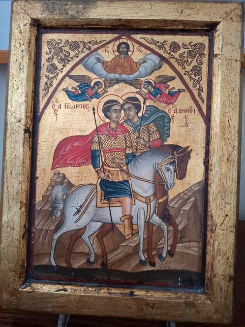 Byzantijnse Icoon - Heiligen te Paard, Antiek en Kunst, Antiek | Religie, Ophalen
