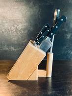 Butler messenblok beukenhout met 5 messen + messenslijper, Huis en Inrichting, Keuken | Bestek, Gebruikt, Ophalen of Verzenden
