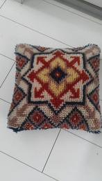 Vintage geknoopt wollen kussen blauw oranje beige, Ophalen of Verzenden, Gebruikt, Beige, Vierkant