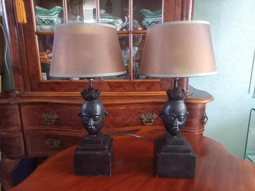twee lampen met houten voet en kap zeer apart, Huis en Inrichting, Lampen | Tafellampen, Zo goed als nieuw, Minder dan 50 cm, Hout