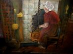 olieverf schilderij VROUW BIJ KACHEL oud afm 38x33 cm € 60, Ophalen of Verzenden