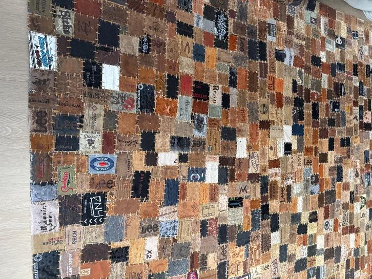 Leren vloerkleed patchwork Loods5 met labels  (230160 cm), Huis en Inrichting, Stoffering | Tapijten en Kleden, Gebruikt, 150 tot 200 cm