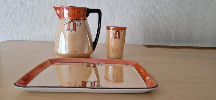 Antiek Art Deco Set Oranje Parelmoer - Kan, Blad, Beker, Antiek en Kunst, Antiek | Keramiek en Aardewerk, Ophalen of Verzenden