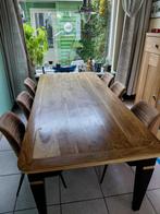 Teakhouten eettafel met 6 suède stoelen, Huis en Inrichting, Tafels | Eettafels, 100 tot 150 cm, Teakhout, 200 cm of meer, Ophalen of Verzenden