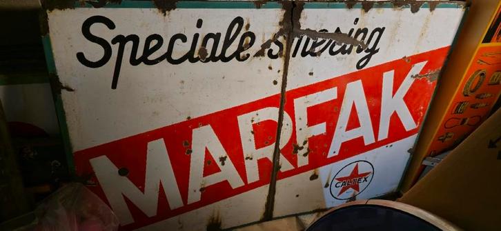 Emaille bord Caltex - Marfak, Verzamelen, Merken en Reclamevoorwerpen, Gebruikt, Reclamebord, Ophalen