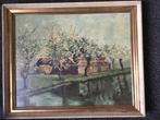 Schilderij huizen met boompjes, Ophalen of Verzenden