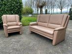 Beige leren 2zits bankstel en/of fauteuil bank & stoel leer, Ophalen of Verzenden, Gebruikt, Leer
