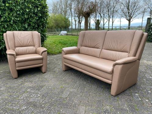 Beige leren 2zits bankstel en/of fauteuil bank & stoel leer, Huis en Inrichting, Banken | Complete zithoeken, Gebruikt, Leer, Ophalen of Verzenden