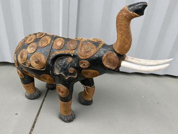 Brocante olifant beeld papier-maché, touw en hout # 9579 beschikbaar voor biedingen
