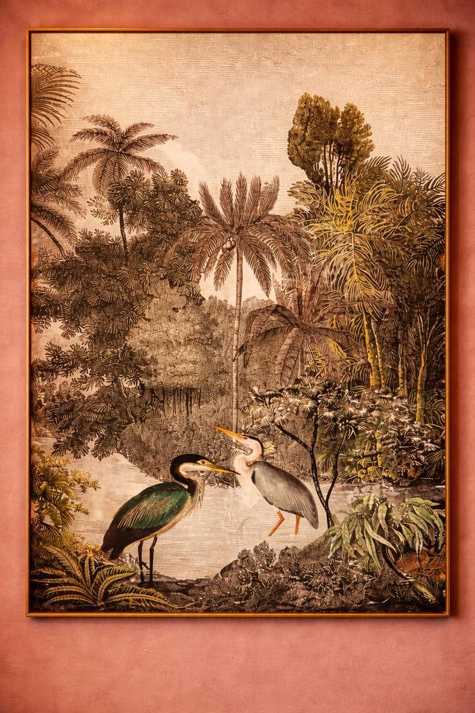 Jungle Schilderij met Reigers, Antiek en Kunst, Kunst | Schilderijen | Klassiek, Ophalen of Verzenden