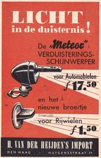Reclame 1943 - Meteor Verduisteringsschijnwerper Fiets Auto, Verzamelen, Merken en Reclamevoorwerpen, Ophalen of Verzenden, Gebruikt