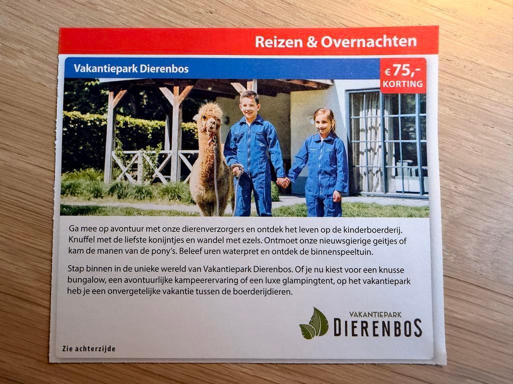 Korting bij Vakantiepark Dierenbos. (75 euro), Tickets en Kaartjes, Kortingen en Cadeaubonnen, Twee personen, Kortingsbon