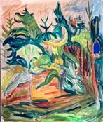 Kleurrijk bosgezicht gouache Academie Minerva De Ploeg?, Antiek en Kunst, Kunst | Schilderijen | Klassiek, Ophalen of Verzenden