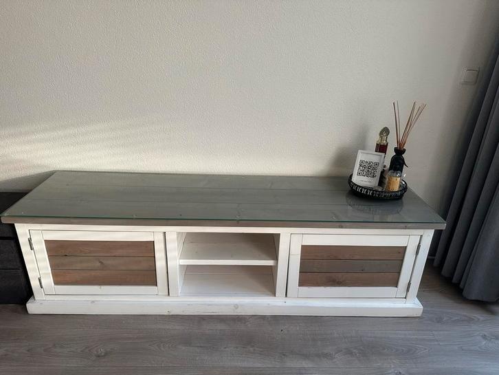 Tv meubel wit wash met grijs blad en glasplaat, Huis en Inrichting, Complete inboedels, Ophalen of Verzenden