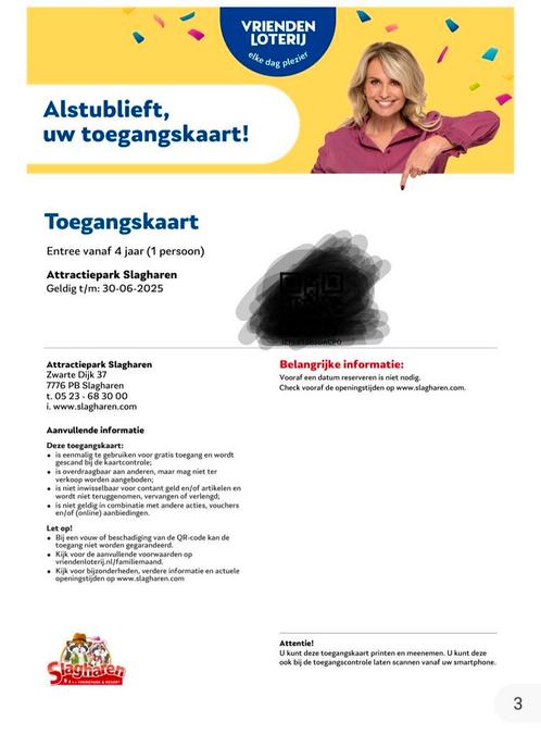 Slagharen entree ticket / kaartje, Tickets en Kaartjes, Kortingen en Cadeaubonnen, Eén persoon, Pretpark, Overige soorten