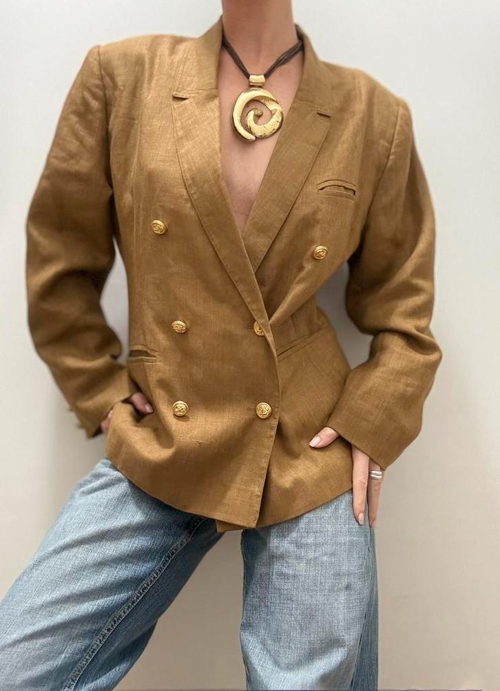 Double breasted 100% linnen blazer, Kleding | Dames, Jassen | Zomer, Zo goed als nieuw, Maat 38/40 (M), Bruin, Ophalen of Verzenden