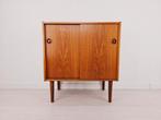 Vintage teak houten schuifdeurkast, retro platenkast, audio, Gebruikt, ., Ophalen of Verzenden, .
