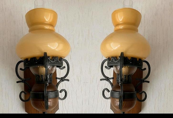 Vintage Muurlampjes Olielamp Stijl (Set van 2), Huis en Inrichting, Lampen | Wandlampen, Gebruikt, Glas, Hout, Metaal, Ophalen