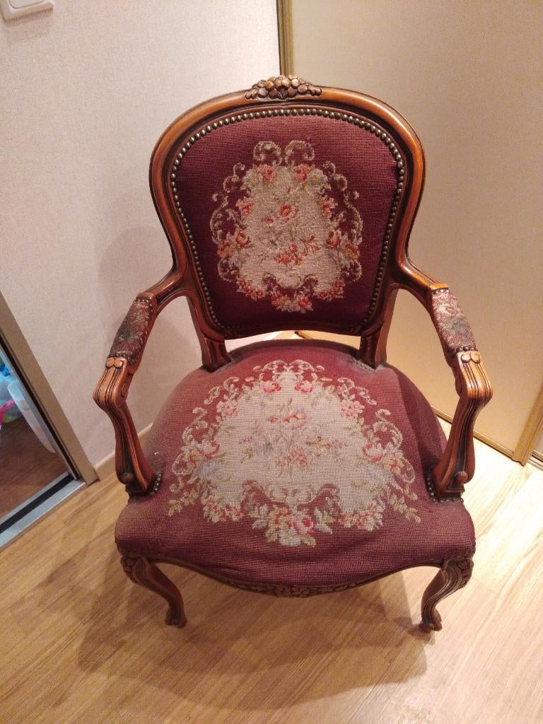 Authentieke stoel, Huis en Inrichting, Stoelen, Gebruikt, Eén, Hout, Stof, Bruin, Ophalen