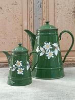 Prachtige set donkergroen gebloemde emaille koffiepotten, Ophalen of Verzenden