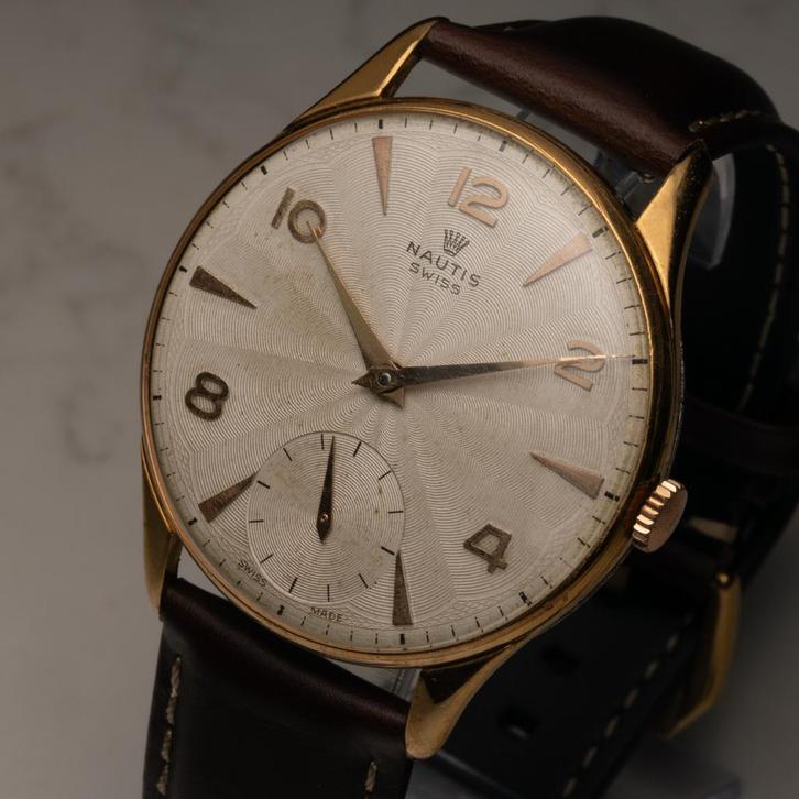 Vintage Nautis Swiss Jumbo XL, Sieraden, Tassen en Uiterlijk, Horloges | Heren, Gebruikt, Polshorloge, Overige merken, Goud, Leer