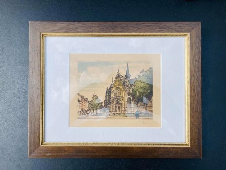 Aquarel van Hervé Lemiez, " Kerk van de Grote Zavel ". XXe, Huis en Inrichting, Woonaccessoires | Schilderijen, Tekeningen en Foto's