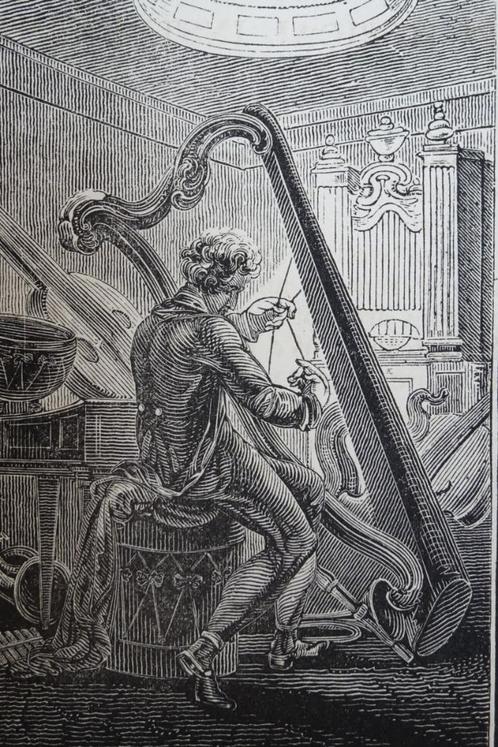 Originele gravure de muziekinstrument maker met harp 1818, Antiek en Kunst, Kunst | Etsen en Gravures, Verzenden