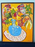 Kleurrijk schilderij vaas (bloemen) vogels - Lindy de Jong, Antiek en Kunst, Kunst | Schilderijen | Abstract, Ophalen
